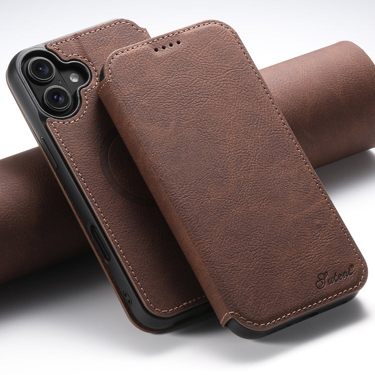 For iPhone 16 Suteni J06 Retro Matte Litchi Texture Leather MagSafe Phone Case(Brown)