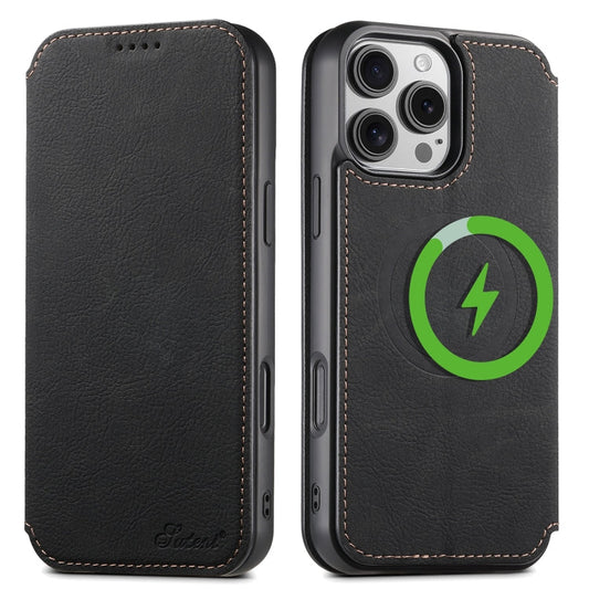 For iPhone 16 Pro Suteni J06 Retro Matte Litchi Texture Leather MagSafe Phone Case(Black)