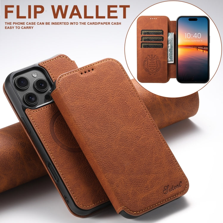 For iPhone 16 Pro Suteni J06 Retro Matte Litchi Texture Leather MagSafe Phone Case(Khaki)