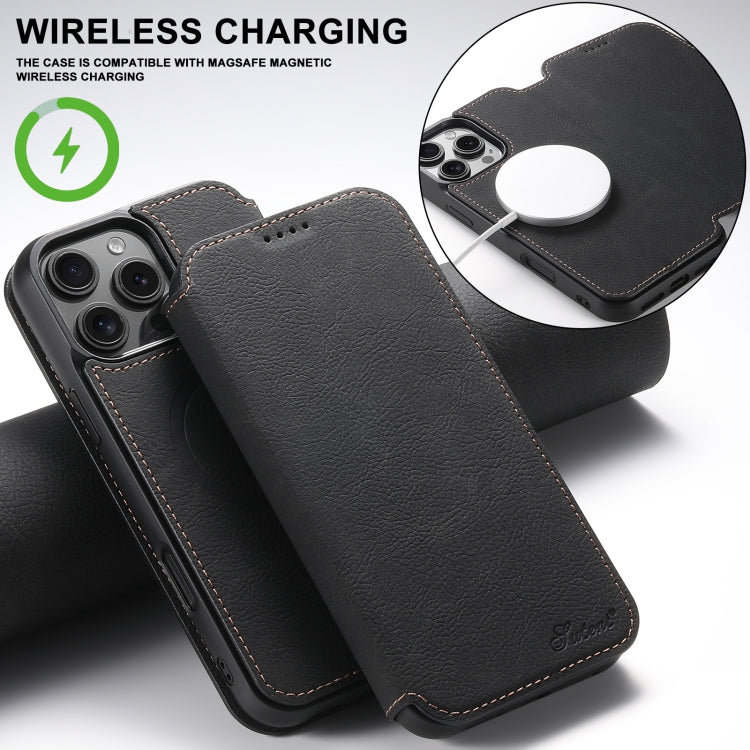 For iPhone 16 Pro Max Suteni J06 Retro Matte Litchi Texture Leather MagSafe Phone Case(Black)