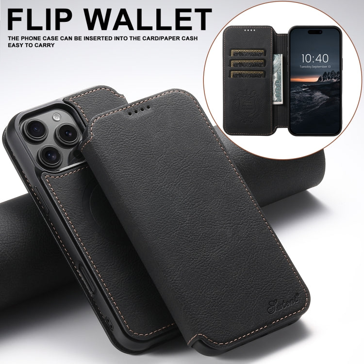 For iPhone 16 Pro Max Suteni J06 Retro Matte Litchi Texture Leather MagSafe Phone Case(Black)