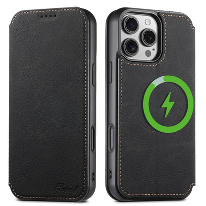 For iPhone 16 Pro Max Suteni J06 Retro Matte Litchi Texture Leather MagSafe Phone Case(Black)