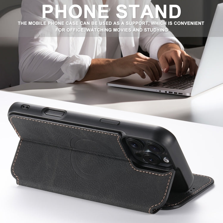 For iPhone 16 Pro Max Suteni J06 Retro Matte Litchi Texture Leather MagSafe Phone Case(Black)