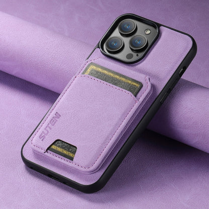 For iPhone 16 Suteni H02 Litchi Leather Card Wallet Stand Back Phone Case(Purple)