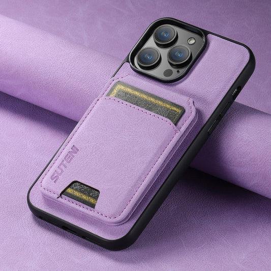 For iPhone 16 Suteni H02 Litchi Leather Card Wallet Stand Back Phone Case(Purple)