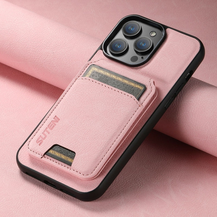For iPhone 16 Pro Suteni H02 Litchi Leather Card Wallet Stand Back Phone Case(Pink)