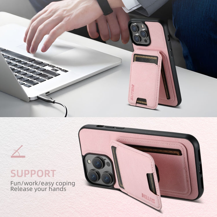 For iPhone 16 Pro Suteni H02 Litchi Leather Card Wallet Stand Back Phone Case(Pink)