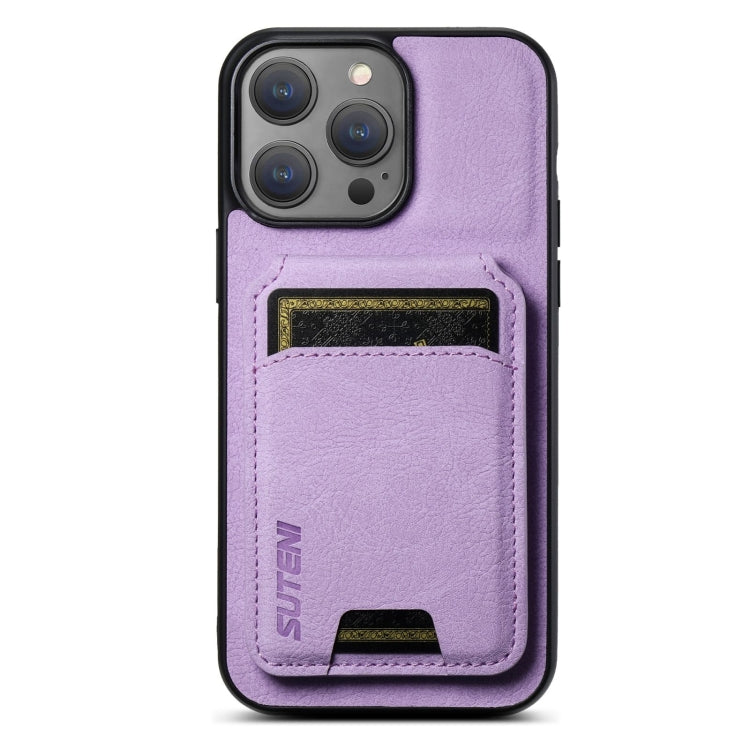 Pour iPhone 16 Pro Étui de téléphone arrière en cuir litchi Suteni H02 avec support portefeuille pour cartes (Violet)