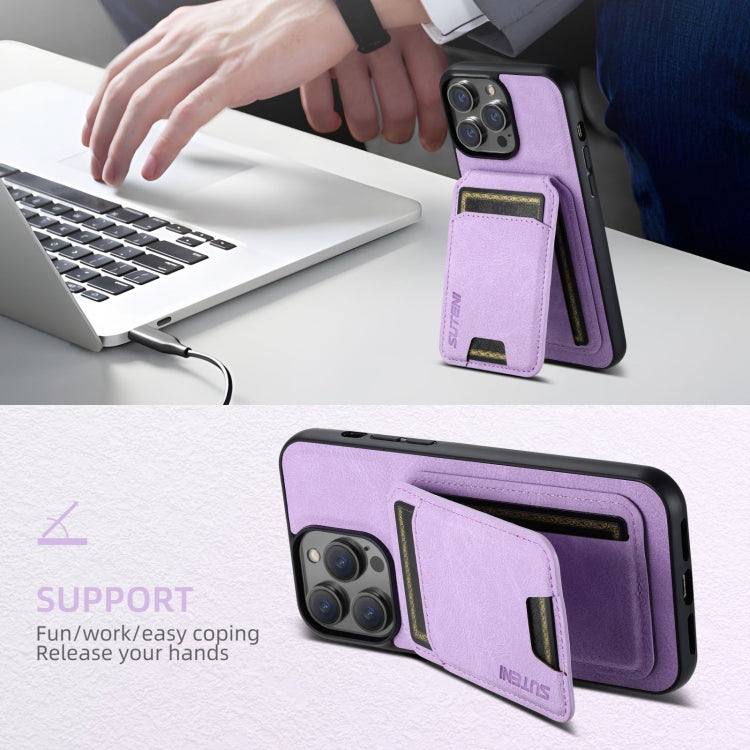 Pour iPhone 16 Pro Étui de téléphone arrière en cuir litchi Suteni H02 avec support portefeuille pour cartes (Violet)