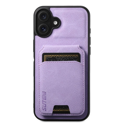 For iPhone 16 Plus Suteni H02 Litchi Leather Card Wallet Stand Back Phone Case(Purple)
