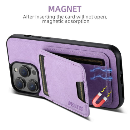 For iPhone 16 Plus Suteni H02 Litchi Leather Card Wallet Stand Back Phone Case(Purple)