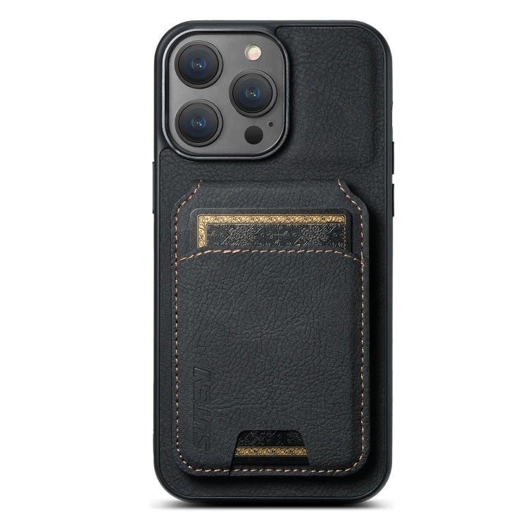 Pour iPhone 16 Pro Max Suteni H02 Étui de téléphone à rabat en cuir de litchi avec support et porte-cartes (Noir)
