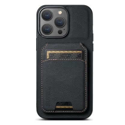 Pour iPhone 16 Pro Max Suteni H02 Étui de téléphone à rabat en cuir de litchi avec support et porte-cartes (Noir)