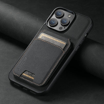 Pour iPhone 16 Pro Max Suteni H02 Étui de téléphone à rabat en cuir de litchi avec support et porte-cartes (Noir)