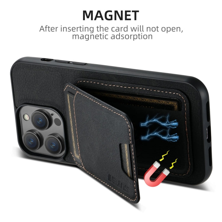 Pour iPhone 16 Pro Max Suteni H02 Étui de téléphone à rabat en cuir de litchi avec support et porte-cartes (Noir)