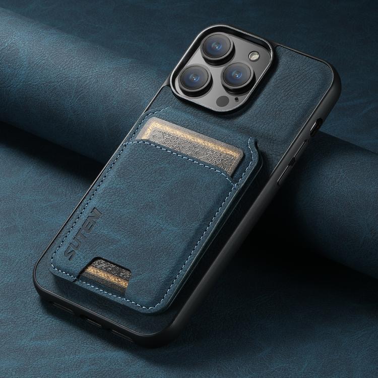 For iPhone 17e / 16e Suteni H02 Litchi Leather Card Wallet Stand Back Phone Case(Blue)