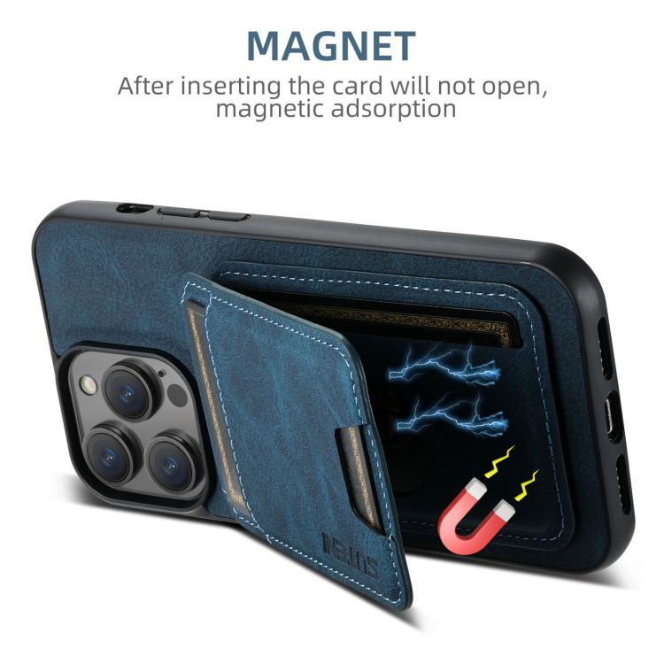 For iPhone 17e / 16e Suteni H02 Litchi Leather Card Wallet Stand Back Phone Case(Blue)