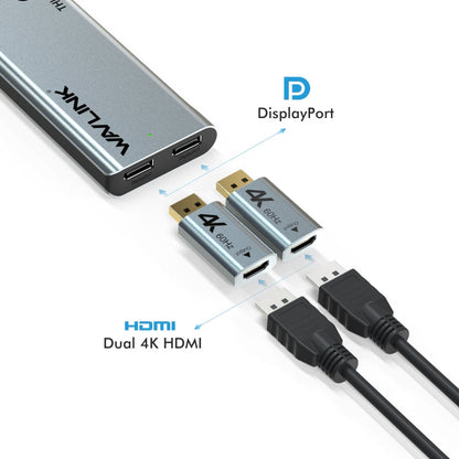 WAVLINK WL-UTD05H Convertisseur Mini Station d'Accueil Thunderbolt 3 Double 4K avec 2 Adaptateurs DP vers HD