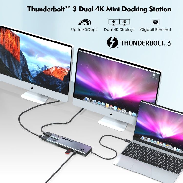 WAVLINK WL-UTD05H Convertisseur Mini Station d'Accueil Thunderbolt 3 Double 4K avec 2 Adaptateurs DP vers HD