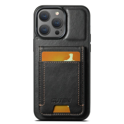 Pour iPhone 15 Pro Max Étui portefeuille en cuir ciré Suteni H03 avec support (noir)