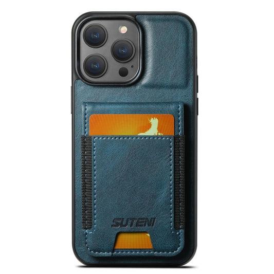 For iPhone 15 Pro Max Suteni H03 Oil Wax Leather Wallet Stand Back Phone Case(Blue)