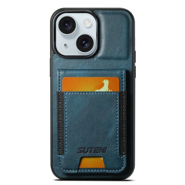 For iPhone 15 Suteni H03 Oil Wax Leather Wallet Stand Back Phone Case(Blue)