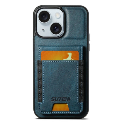 For iPhone 15 Suteni H03 Oil Wax Leather Wallet Stand Back Phone Case(Blue)