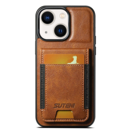 Pour iPhone 14 Plus Étui portefeuille en cuir huilé Suteni H03 avec béquille (marron)
