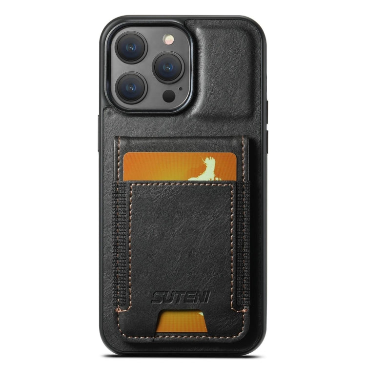 For iPhone 13 Pro Suteni H03 Oil Wax Leather Wallet Stand Back Phone Case(Black)