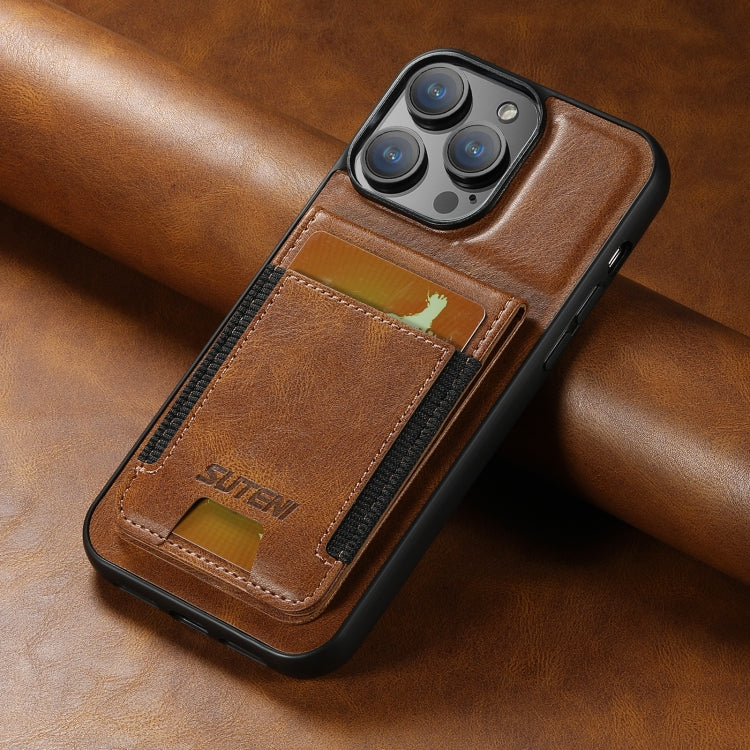 For iPhone 13 Pro Suteni H03 Oil Wax Leather Wallet Stand Back Phone Case(Brown)