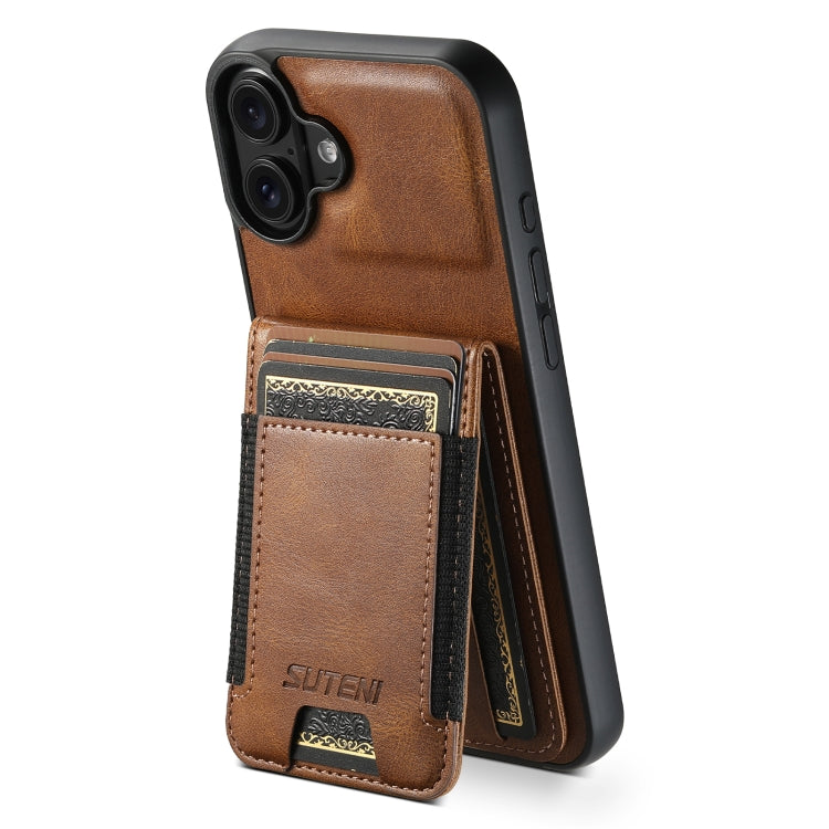 For iPhone 16 Plus Suteni H03 Oil Wax Leather Wallet Stand Back Phone Case(Brown)