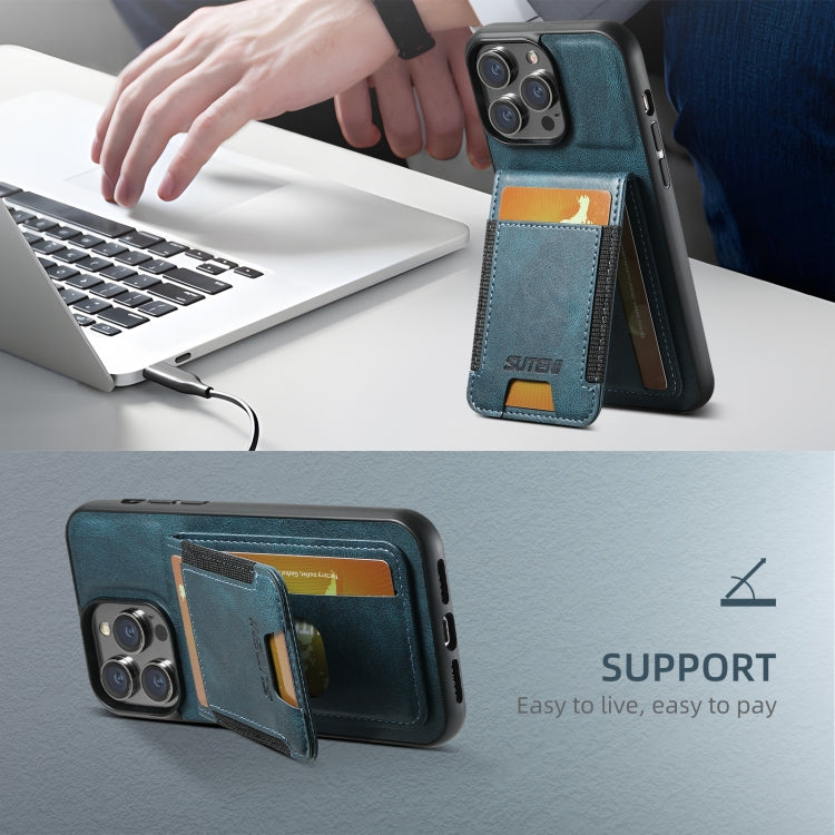 Pour iPhone 16 Pro Max Étui de Téléphone à Rabat en Cuir Huilé Suteni H03 avec Support (Bleu)