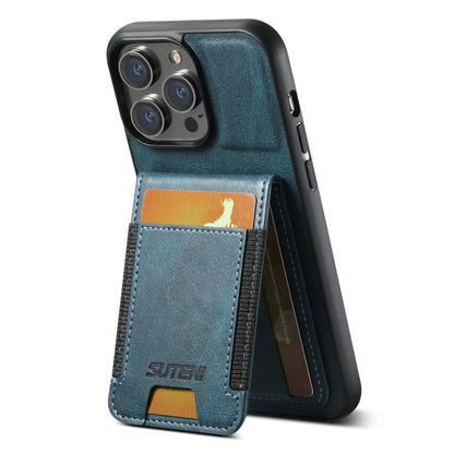 Pour iPhone 16 Pro Max Étui de Téléphone à Rabat en Cuir Huilé Suteni H03 avec Support (Bleu)
