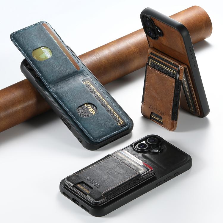 For iPhone 16 Suteni H03 Oil Wax Leather Wallet Stand Back Phone Case(Black)