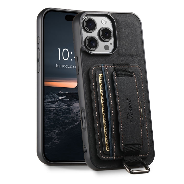 Pour iPhone 16 Pro Max Suteni H13 Étui de téléphone portefeuille en cuir litchi avec dragonne (Noir)