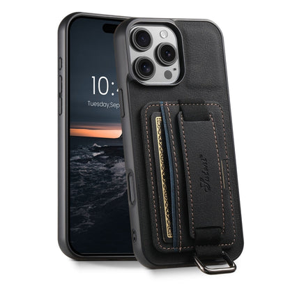 Pour iPhone 16 Pro Max Suteni H13 Étui de téléphone portefeuille en cuir litchi avec dragonne (Noir)