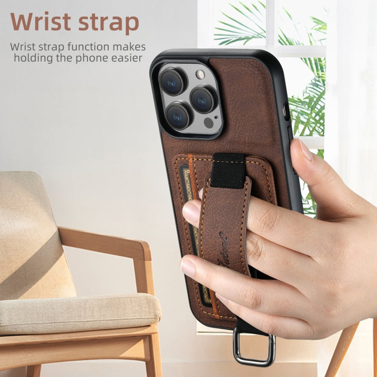 For iPhone 16 Pro Max Suteni H13 Litchi Leather Wrist Strap Wallet Back Phone Case(Brown)