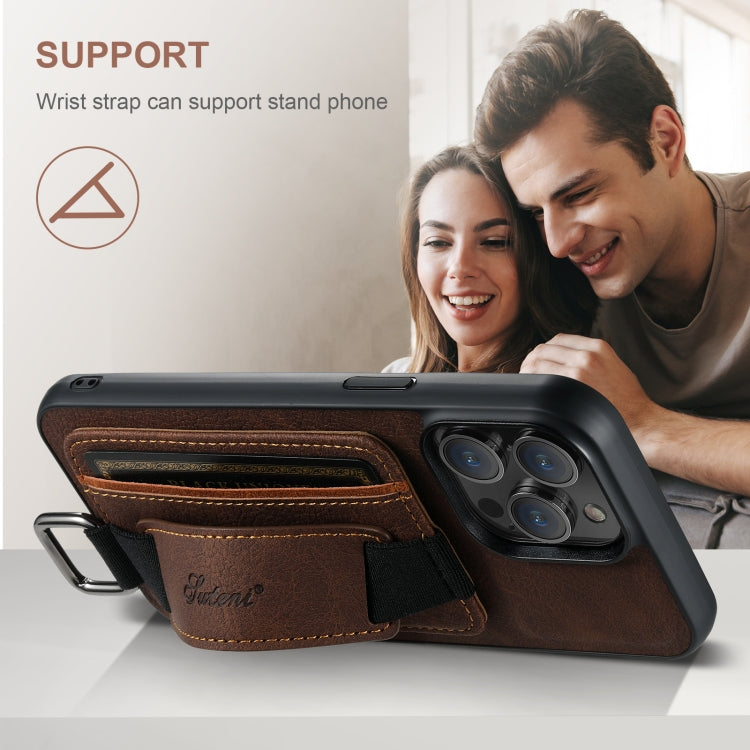 For iPhone 16 Pro Max Suteni H13 Litchi Leather Wrist Strap Wallet Back Phone Case(Brown)