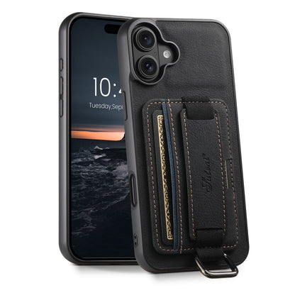 For iPhone 16 Plus Suteni H13 Litchi Leather Wrist Strap Wallet Back Phone Case(Black)