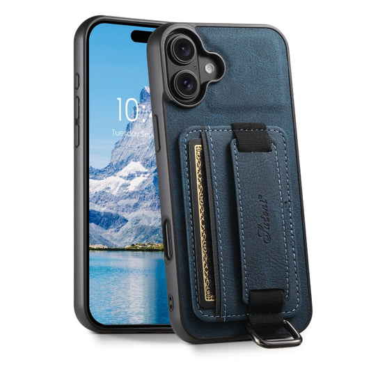For iPhone 16 Plus Suteni H13 Litchi Leather Wrist Strap Wallet Back Phone Case(Blue)