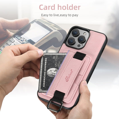 For iPhone 16 Plus Suteni H13 Litchi Leather Wrist Strap Wallet Back Phone Case(Pink)