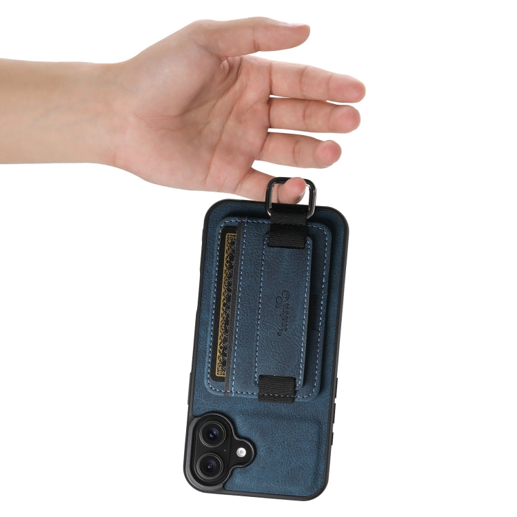 For iPhone 16 Suteni H13 Litchi Leather Wrist Strap Wallet Back Phone Case(Blue)