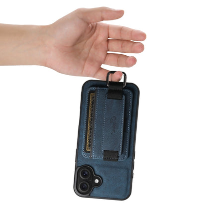 For iPhone 16 Suteni H13 Litchi Leather Wrist Strap Wallet Back Phone Case(Blue)
