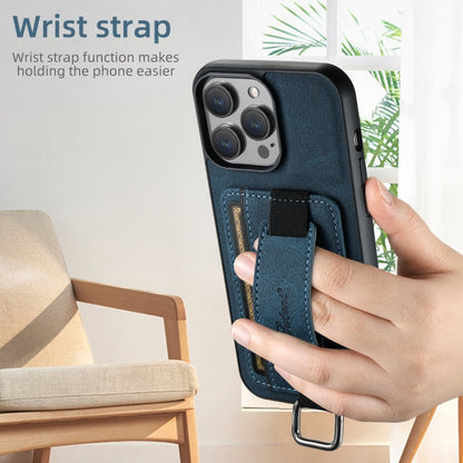 For iPhone 16 Suteni H13 Litchi Leather Wrist Strap Wallet Back Phone Case(Blue)