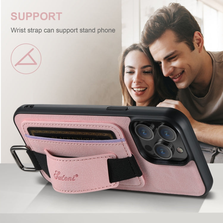 For iPhone 16 Suteni H13 Litchi Leather Wrist Strap Wallet Back Phone Case(Pink)