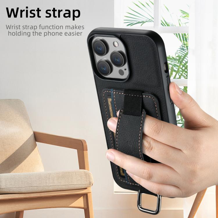 For iPhone 17e / 16e Suteni H13 Litchi Leather Wrist Strap Wallet Back Phone Case(Black)