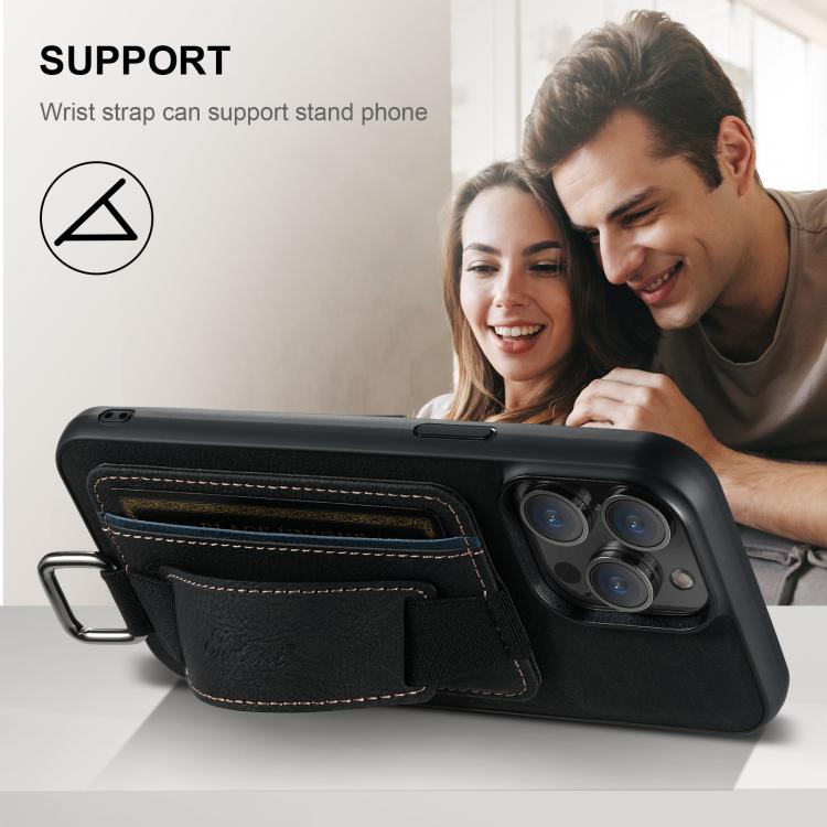 For iPhone 17e / 16e Suteni H13 Litchi Leather Wrist Strap Wallet Back Phone Case(Black)