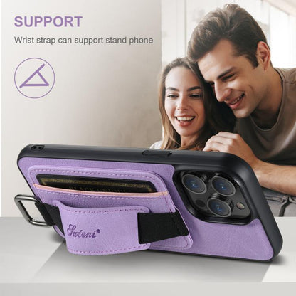 For iPhone 17e / 16e Suteni H13 Litchi Leather Wrist Strap Wallet Back Phone Case(Purple)