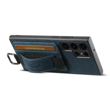 Pour Samsung Galaxy S22 Ultra 5G Suteni H13 Étui de téléphone à lanière en cuir Litchi avec porte-cartes (Bleu)