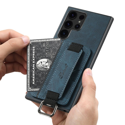 Pour Samsung Galaxy S22 Ultra 5G Suteni H13 Étui de téléphone à lanière en cuir Litchi avec porte-cartes (Bleu)